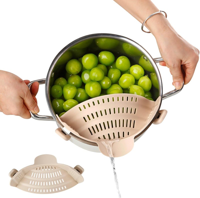 Emptycolor Silicone Pot Strainer, Adjustable Clip On Strainer for Pots Pans, Heat Resistant Pot Drainer, Kitchen Pasta Colander for Vegetables and Noodles (Light Tan) - Image 1
